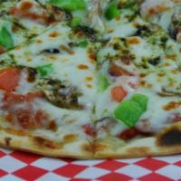 Fresh Veggie Pizza · Green pepper, mushroom, olives, tomato, onion and cheese.
