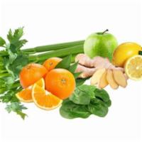Beginner Green Juice · Apple, celery, ginger, lemon, orange and spinach.