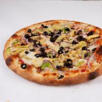 Vegetarian Pizza · Tomato sauce, mozzarella, mushrooms, green peppers, red onions, black olives, fresh garlic a...