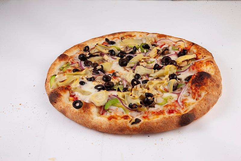 Vegetarian Pizza · Tomato sauce, mozzarella, mushrooms, green peppers, red onions, black olives, fresh garlic and artichoke.