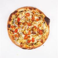 Pesto Chicken Pizza · Pesto sauce, mozzarella, grilled chicken, red onions and tomatoes.