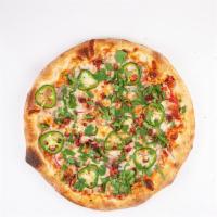 Spicy Pizza · Tomato sauce, mozzarella, red onions, fresh jalapenos, real bacon and fresh cilantro.