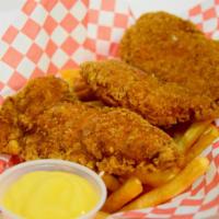 Chicken Tender Basket · With a side of fries and honey mustard.