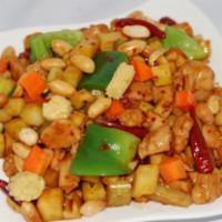 61. Kung Po Chicken. (large) · Hot and spicy. Served with rice.