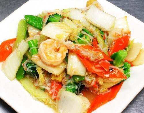73. Shrimp with Mixed Vegetables · Served with rice.