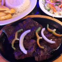 31. Entrana Colombia con Sabor · Skirt steak. Rice, salad and fried cassava.