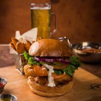 Buffalo Chicken Sandwich · 2 pieces of beer-battered chicken breast, Buffalo sauce, Ranch dressing, burger bun. Add bac...