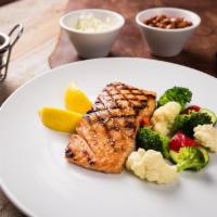 Grilled Salmon · Grilled Salmon with one choice of side , Beans, Coleslaw and Dinner Roll