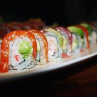 Rainbow Roll · Tuna, salmon, yellowtail on top of a California roll with avocado & ponzu sauce.