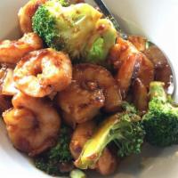 Spicy Garlic Shrimp · Shrimp and ground garlic wok-tossed with broccoli, onions, ginger and spicy soy sauce. Hot a...