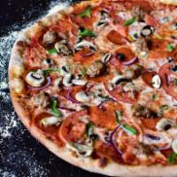 Hoboken Supreme Pizza · Pepperoni, sausage, mushroom, green bell, black olive, Roma tomato, onion and fresh basil.
