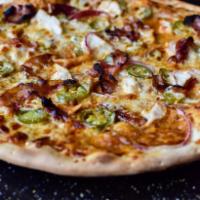 Pork and Poultry Pizza · BBQ sauce, bacon, chicken, onion, jalapeno and cilantro sour cream dipping sauce.