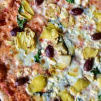 Mediterranean Pizza · Spinach, feta cheese, artichoke heart and Kalamata olive.