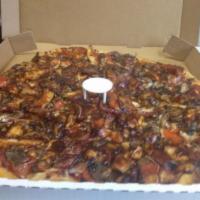 Buffalo Chicken Pizza · Sauce, cheese, white onions, celery, BBQ chicken.  Comes with one side of bleu cheese dressi...