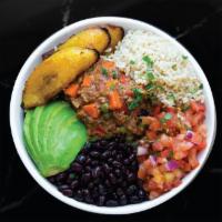 Vegan Picadillo Bowl · seasoned crumbled beyond meat picadillo over brown rice, balck beans, avocado, pico de gallo...