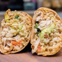 Mahi Mahi Wrap · Pan seared Mahi-Mahi, avocado, cabbage, brown rice, cilantro, lime juice, pico de gallo & ro...