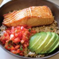 Scottish Salmon Platter · Marinated with our delicious ginger glaze. Served with cilantro brown rice, avocado and chop...