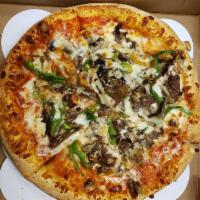 Philly Cheesesteak Pizza · Shaved sirloin, marinara sauce, choice of cheddar or American cheese, mushrooms, onions and ...