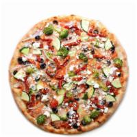 New York Mediterranean Vegetarian Pizza · Black olives, broccoli, sun-dried tomatoes, zucchini, onions, feta cheese and mozzarella che...