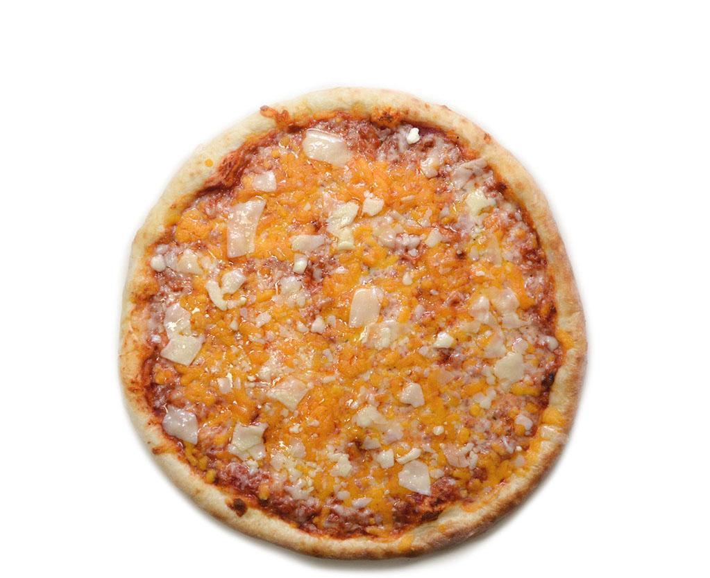 New York Four Cheese Pie · Pizza sauce, mozzarella cheese, cheddar cheese, Parmesan cheese and pecorino Romano cheese.