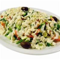 Greek Salad · Romaine lettuce, tomatoes, cucumbers, black olives and feta cheese in a creamy house dressin...