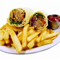 Falafel Wrap · Tomatoes, pickles, lettuce, parsley and tahini sauce. Served with golden french fries, ketch...