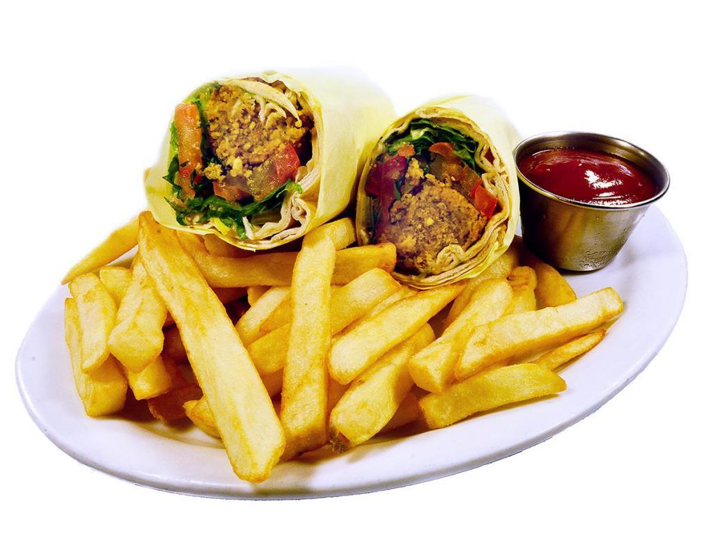 Falafel Wrap · Tomatoes, pickles, lettuce, parsley and tahini sauce. Served with golden french fries, ketchup and ranch dressing. Vegan fare.