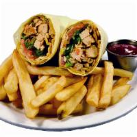 Chicken Shawarma Wrap · Shredded marinated chicken breast, tomatoes, pickles and garlic sauce. Served with golden fr...
