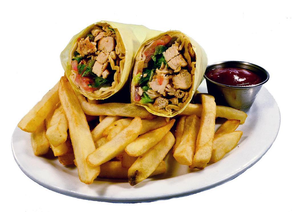 Chicken Shawarma Wrap · Shredded marinated chicken breast, tomatoes, pickles and garlic sauce. Served with golden french fries, ketchup and ranch dressing.