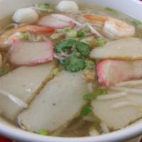 Thai House Noodle Soup · Authentic Thai style house noodle soup with shrimp, BBQ pork, fish ball, fish cake and bean ...