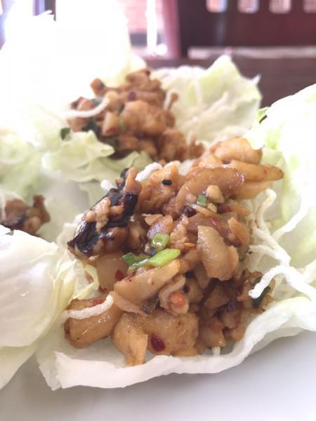 Chicken Soothing Lettuce Wrap and Crispy Rice Noodle · Ground chicken pan-seared with ginger, scallions, water chestnuts, crush hot pepper and shiitake mushroom. Served with lettuce cups and plum sauce.