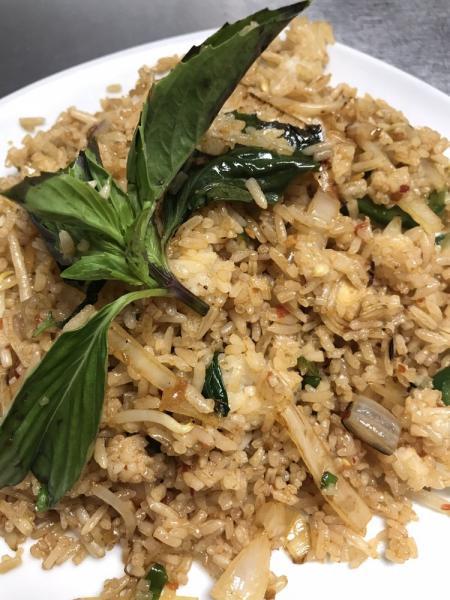 Thai Basil and Chili Fried Rice · Onion, bean sprout, basil, egg, scallion and jalapenos. Spicy.