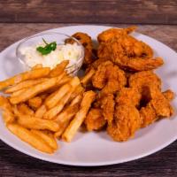 Fried Shrimp Platter · Served with french fries, coleslaw, jalapeno hushpuppies, cocktail and tartar sauce.