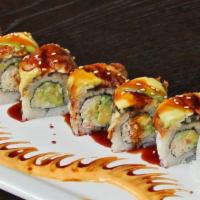 SR10. Dragon Roll · Spicy tuna, cucumber inside with eel, and avocado on top.