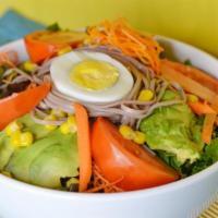 Avocado Salad · Arugula, mixed greens, soba noodles, avocado, radish, cherry tomato, egg, carrot, corn