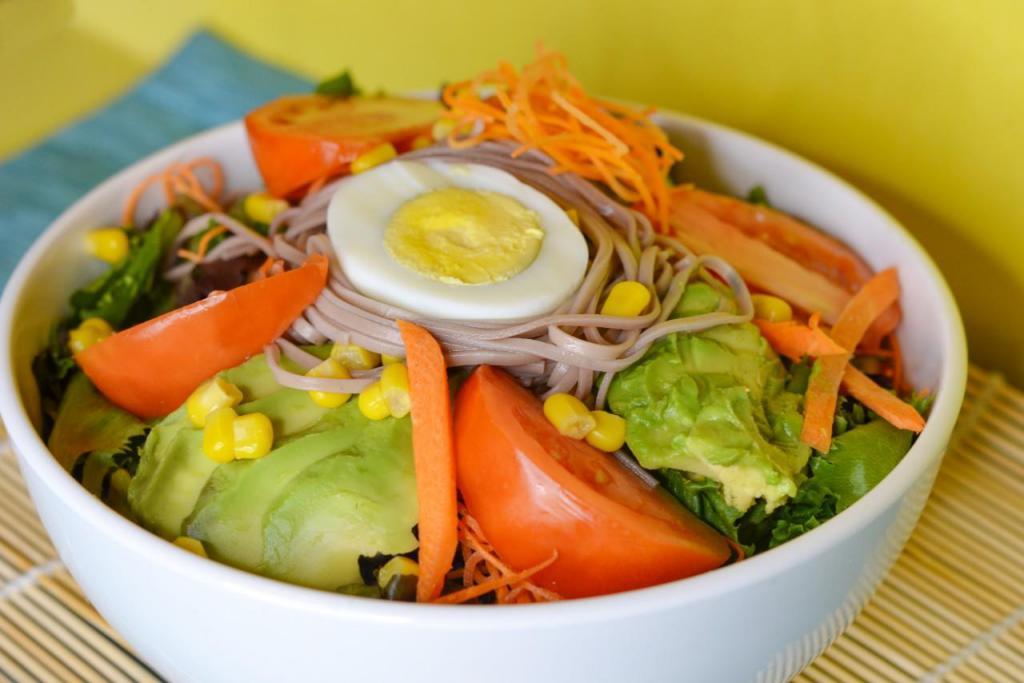 Avocado Salad · Arugula, mixed greens, soba noodles, avocado, radish, cherry tomato, egg, carrot, corn