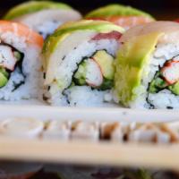 Rainbow Roll (8 pieces) · Imitation crab, cucumber, avocado, masago, tuna, salmon and yellowtail.