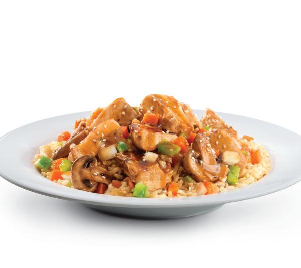 Teriyaki Grilled Chicken Stir-Fry · Grilled chicken breast, portabella mushrooms, onions, peppers, carrots and sesame seeds in a rich teriyaki sauce over brown rice. Two servings.