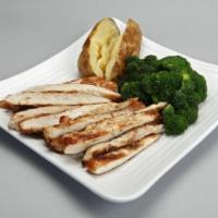 Grilled Chicken Entree · Grilled chicken breast served with broccoli and baked potato. Two servings.