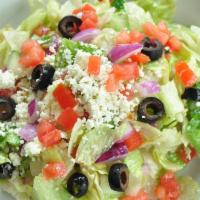 Chopped Salad · Chopped greens, tomatoes, olives, onions, feta, red wine vinaigrette