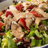 Strawberry Balsamic Chicken Salad · Grilled chicken, mixed greens, strawberries, grapes, spicy candied pecans, gorgonzola, balsa...