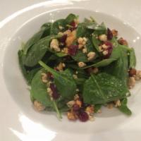 Monsieur Bleu Salad · Fresh spinach, blue cheese, candied walnuts and dried cranberries. Served with our balsamic ...