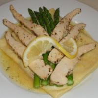 Chicken and Goat Crepe · Lemon infused roasted chicken, blanched asparagus, chevre goat cheese and caramelized onions...