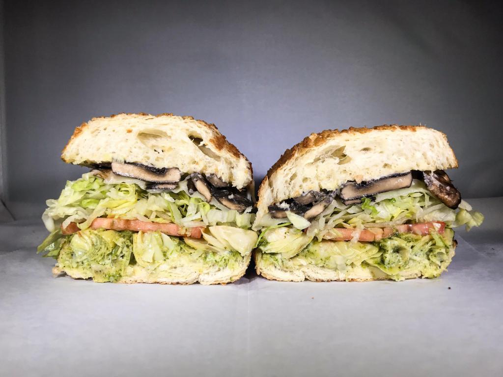 361. Sometimes I'm Vegan Sandwich · Marinated artichoke hearts, mushrooms, and vegan cheese. Vegan.