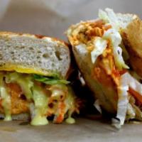 49. The 49er Sandwich · Halal chicken, Frank's Buffalo sauce, honey mustard and Gouda cheese.