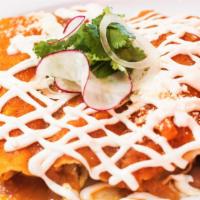 Chicken Enchilada · Filled with Mexican Monterey jack cheese. Three soft corn tortillas smothered with your choi...