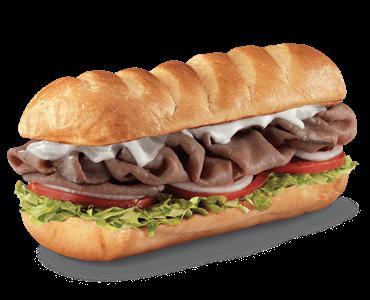 Premium Roast Beef Sub · Roast beef and provolone. Served with mayo, lettuce, tomato, onion, deli mustard, and a pickle spear on the side.