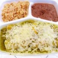 Enchilada Combo · 4 pieces of crispy taco over cheesy chili verde. Served with side of Mexican rice and beans.