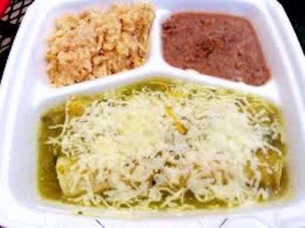 Enchilada Combo · 4 pieces of crispy taco over cheesy chili verde. Served with side of Mexican rice and beans.