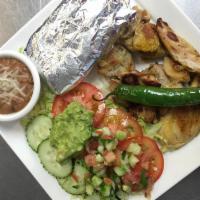 Pollo Asado Plate · Grilled chicken breast. Mexican rice and bean, salad with guacamole and pico de gallo. Side ...